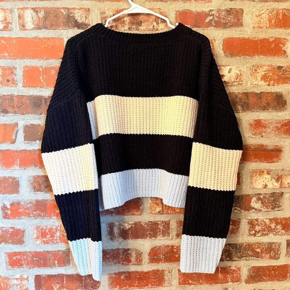 Francesca's Collections Black Crew Neck Sweater with Stripes - Picture 3 of 4